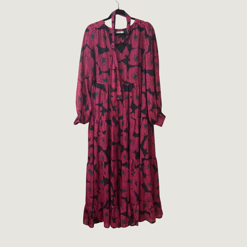 Jade Melody Tam Floral Maxi Dress Pink Black Size L Boho Cottagecore Tiered Tie